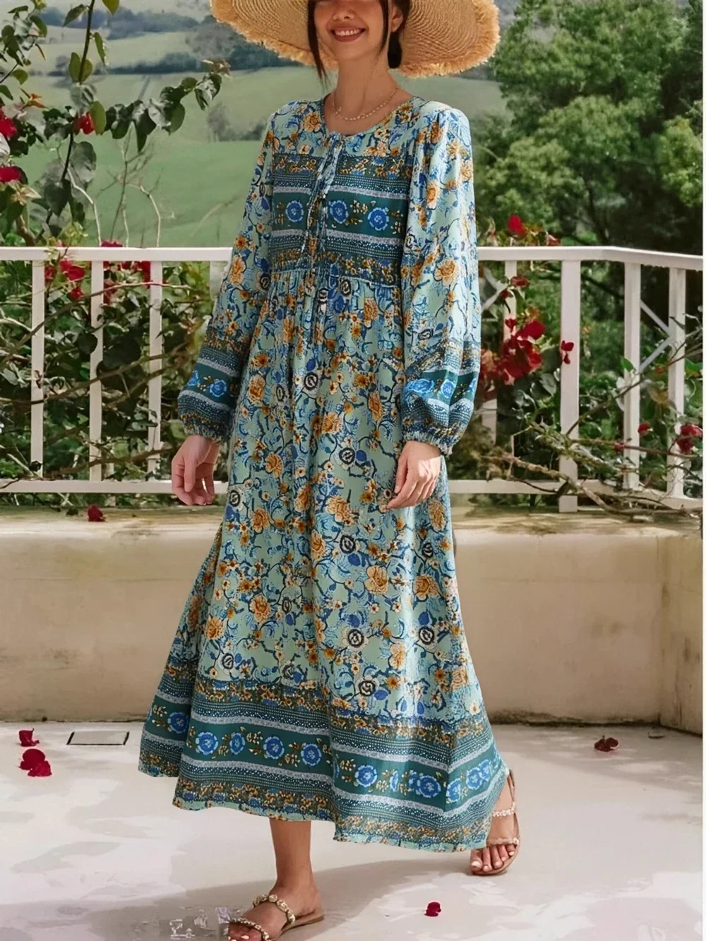 Vintage Women Long Sleeve Green Floral Print Tie Neck Beach