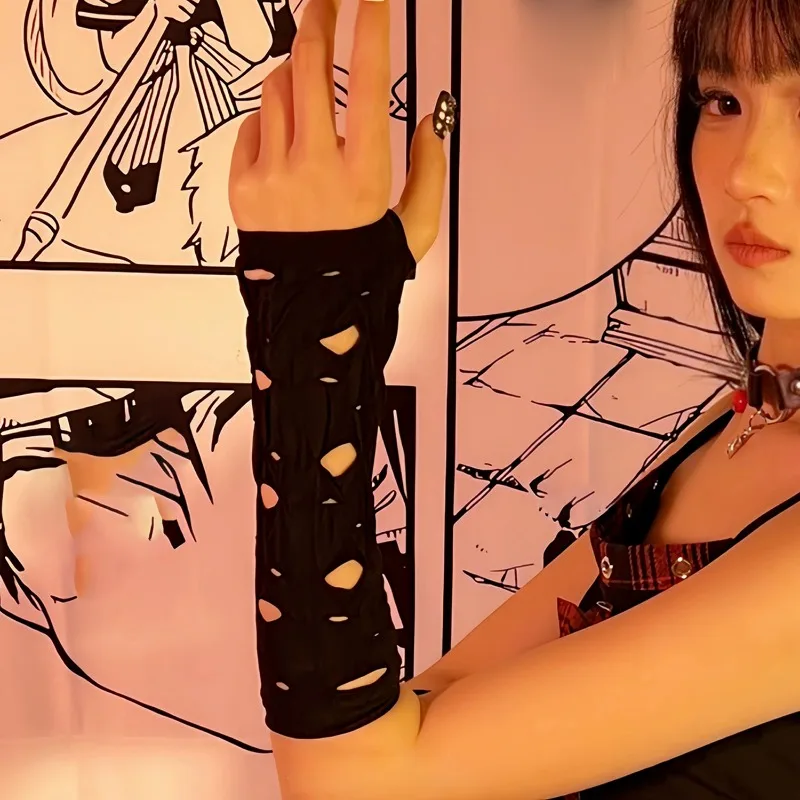 Y2K Gothic Punk Individuality Broken Hole Fingerless Performance Gloves Half Finger Mesh Stretch Halloween Party Dress Mittens