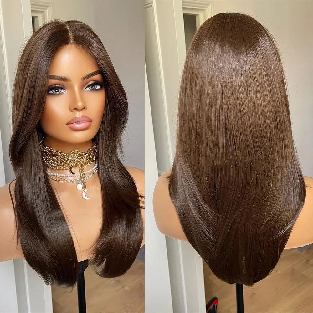 글루리스 프리 스트레이트 브라운 롱 26인치 5x5 실크 베이스 유대인 인모 가발 베이비 헤어 HD 레이스 유럽산 헤어 프리플럭드