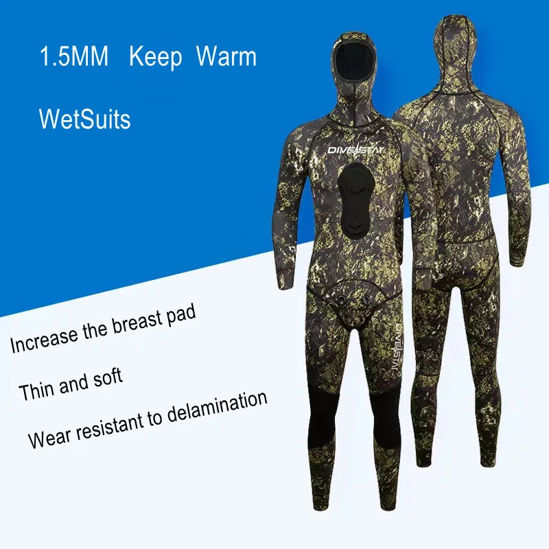 1.5MM Neoprene Camouflage Hunting Wetsuit Hooded 2 Pieces Snorkeling For Men Keep Warm Waterproof Swim Spearfishing Diving Suit