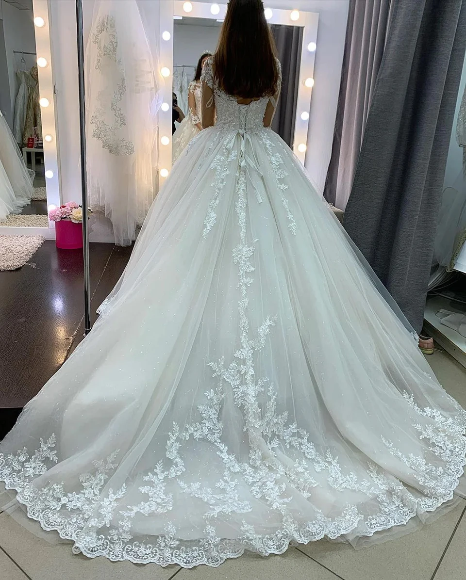 Elegantes Prinzessinnen-Ballkleid mit langen Ärmeln, Hochzeitskleid 2026, O-Ausschnitt, Applikationen, Schnürung am Rücken, Übergröße, Brautkleid, Vestido De Noiva – Detail 5