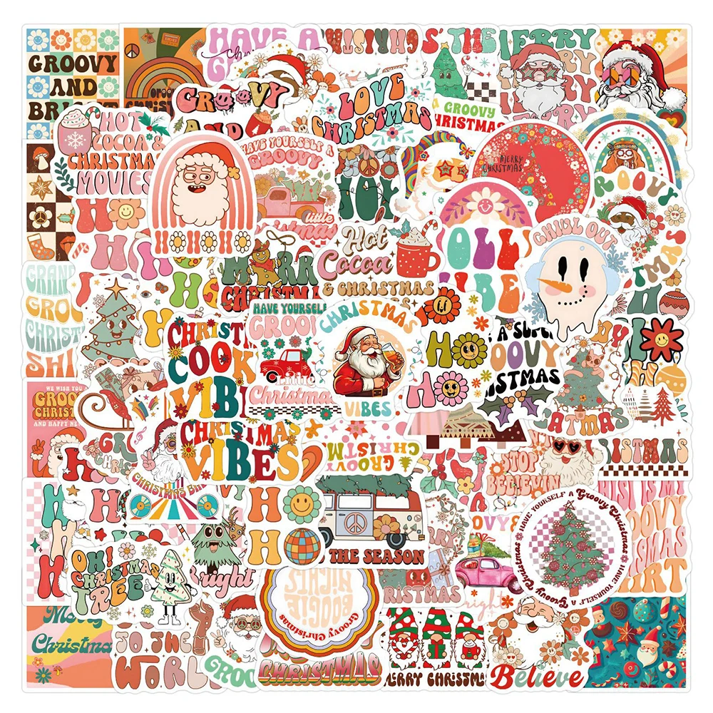 

10/30/50/110pcs Retro Bohemian Groovy Christmas Graffiti Stickers Waterproof Skateboard Laptop Car Luggage Decoration Sticker