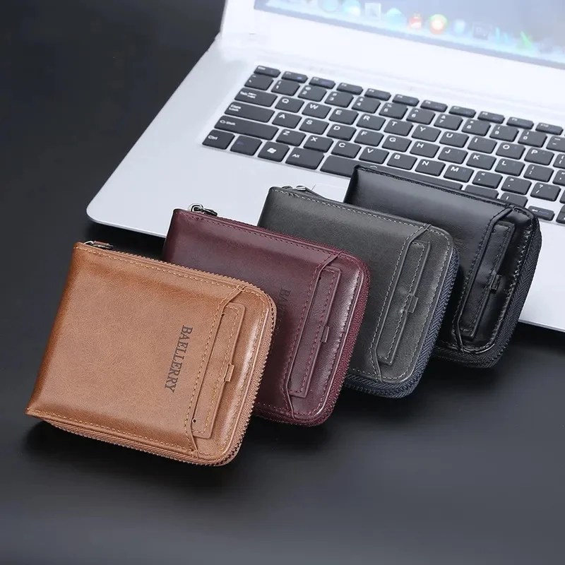 

Vintage Leather Men's Wallet Short Zipper Coin Purse Business Card Holder Fashion Male Money Clip