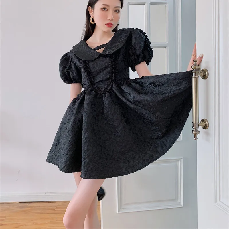 

Ladies Streetwear Clothes Summer Dress 2022 French Retro black Mini dress Women sweet puffy dress Short sleeve vestidos mujer