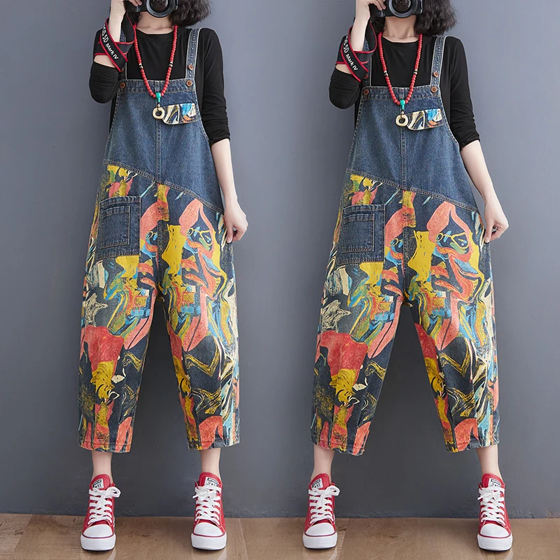 Vintage Patchwork Printing Denim Jumpsuit Women Casual Loose Wide Leg Dungarees Baggy Pants Rompers Spring Summer Jeans Overalls