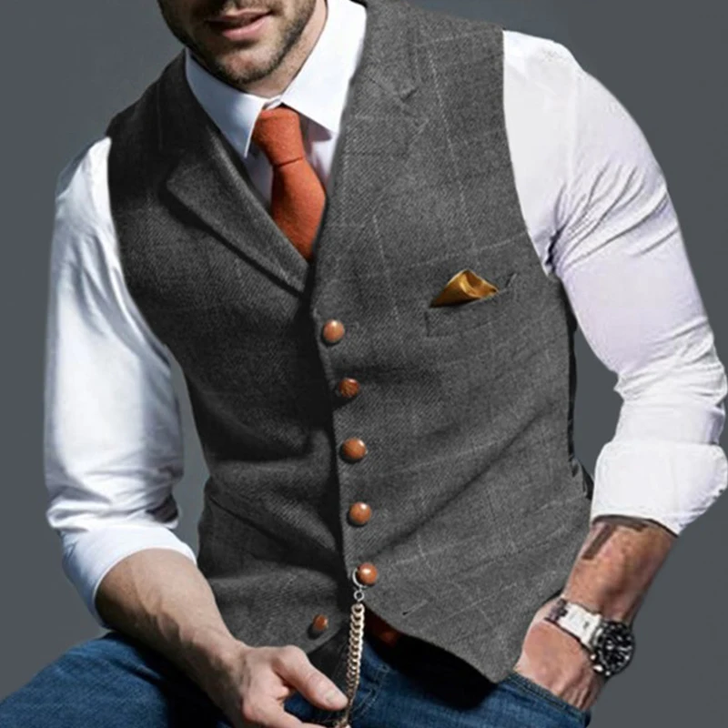 Men's Vests Lapel Tweed Plaid V-neck Waistcoat Slim Fit Business Formal Dress Suit Casual Wedding Tuxedo cotton vest mens suit dress vests