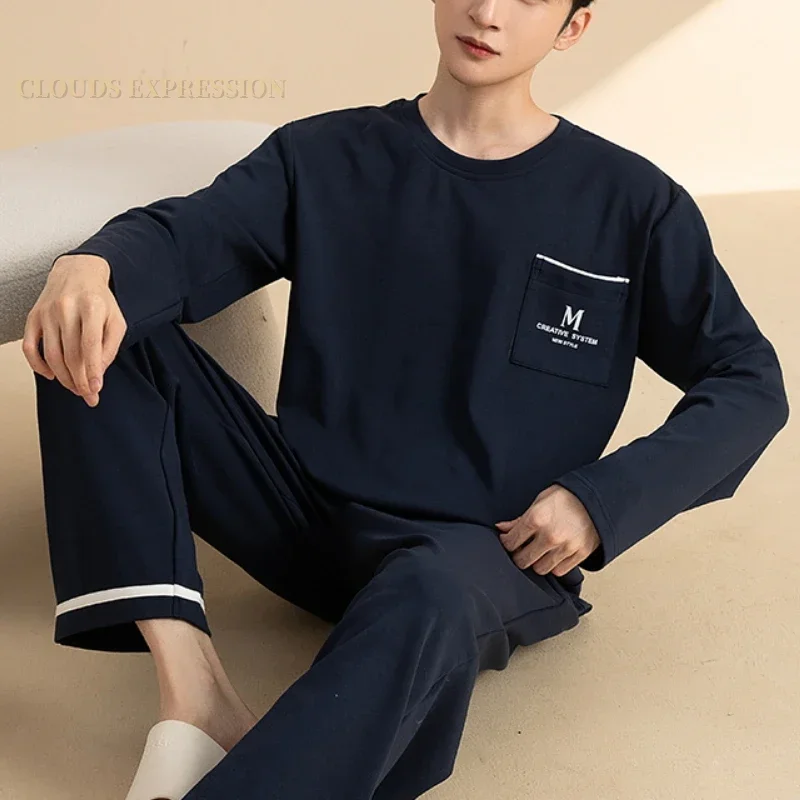 Spring Autumn Sporty Knitted Long-Sleeved Men's Pajamas Sets Letter Pajama For Men Sleepwear Suit Homewear 3XL pajama sets