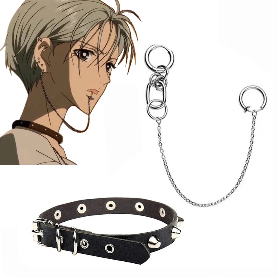 Anime NANA Okazaki Shinichi Cosplay Fake Piercing Lip Clip Earring Punk Chain Linked Earrings Gothic Choker Necklaces Jewelry