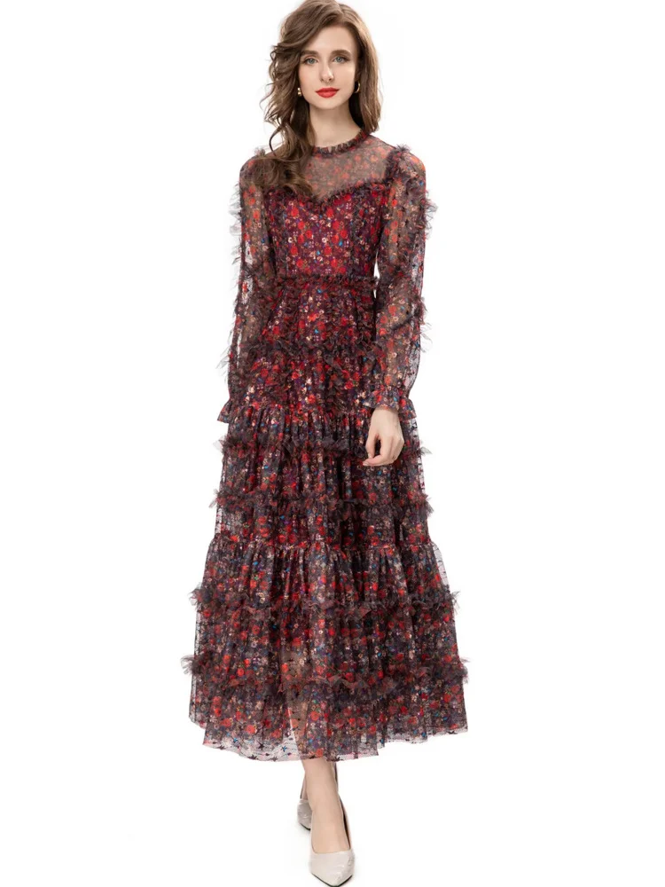 

Fashion Designer New Spring Mesh Dress Women O-Neck Lantern Sleeve Ruffles Flower Print Vintage Party Long Dresses