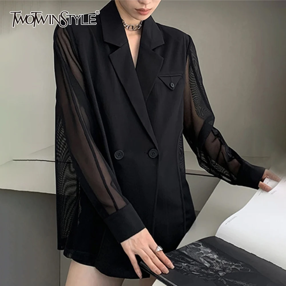 

TWOTWINSTYLE Solid Temperament Blazer For Women Notched Collar Long Sleeve Patchwork Mesh Chic Blazers Female Fashion Clothes