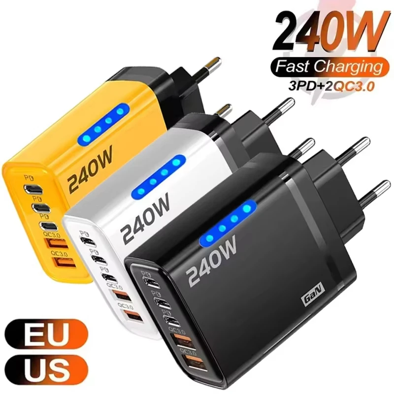 Cargador de teléfono GaN de 240W 5 en 1 con carga rápida, adaptador de corriente USB C, enchufe tipo C EU/US, cargador de pared para iPhone, Samsung, Xiaomi