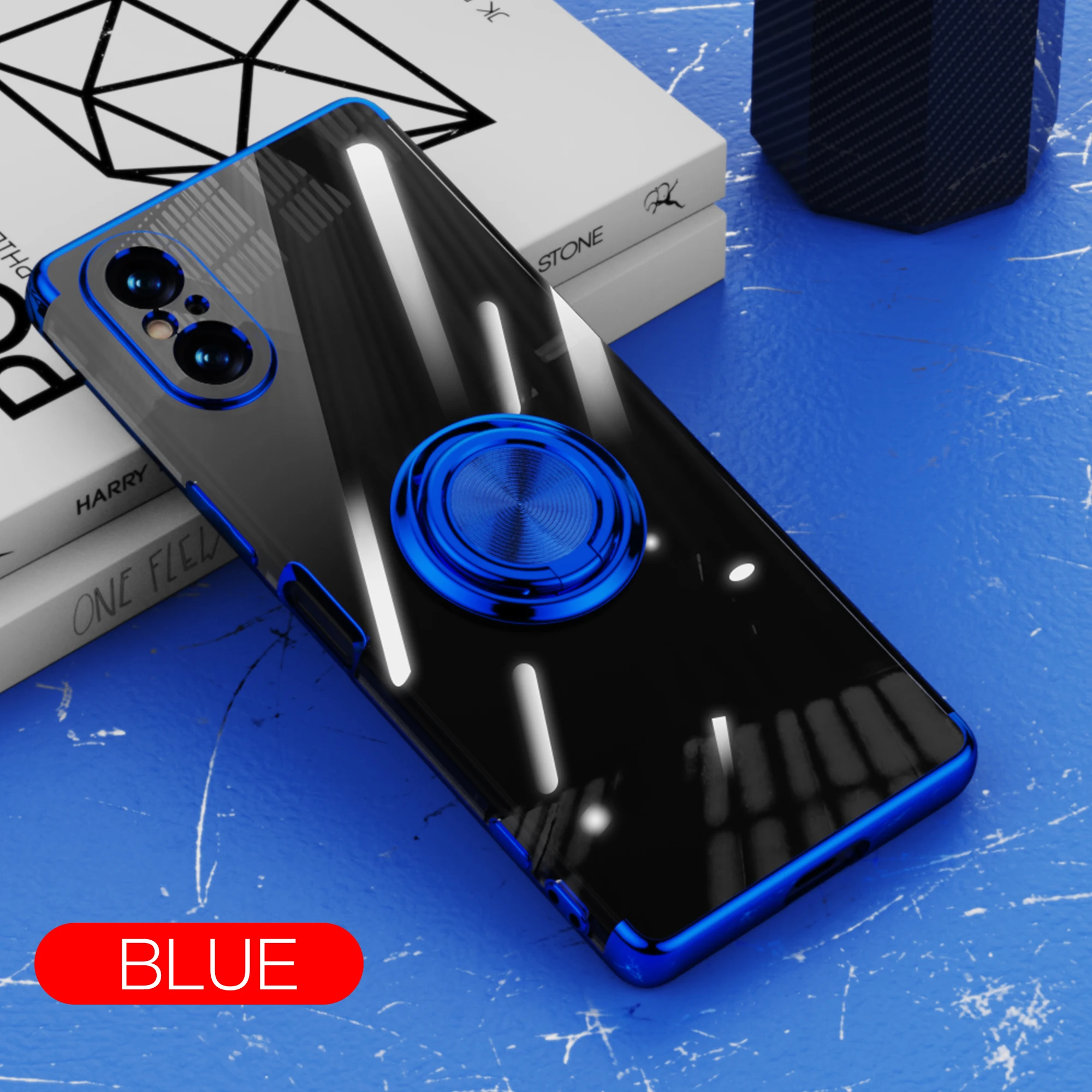 Clear Magnetic Phone Case with Metal Ring Kickstand - Slim Plating Design