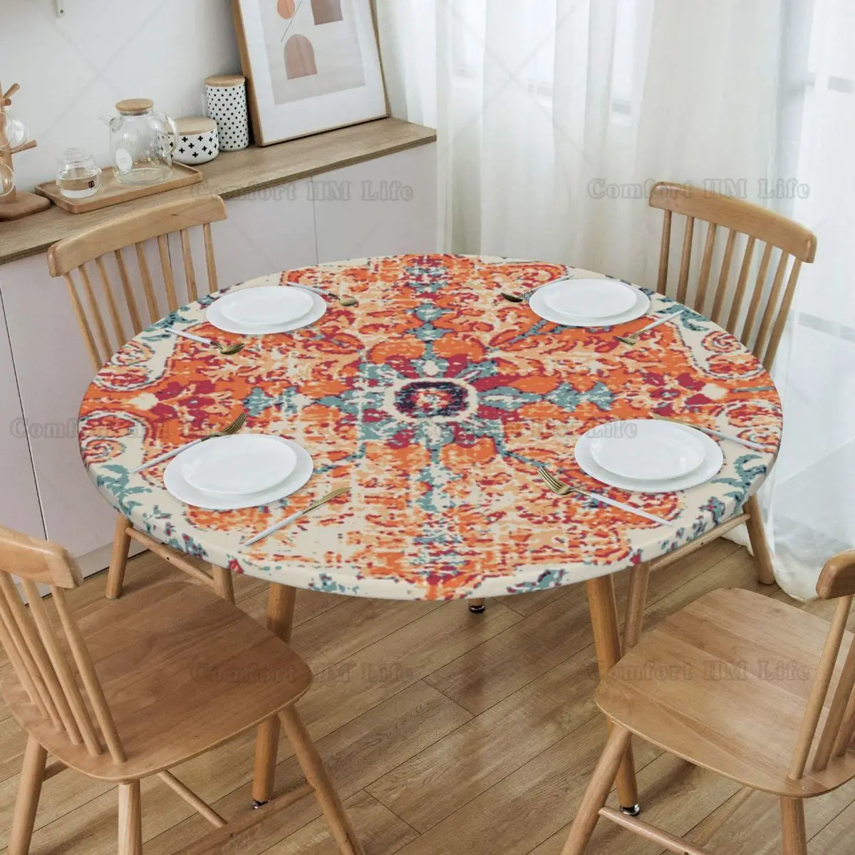 VBTGVE Tovaglia rotonda in legno con bordo elastico, stampa con trama in legno e stampa 3D, adatta per tavoli da pranzo, feste self-service e campeggio, adatta per tavolo da 81,3 cm