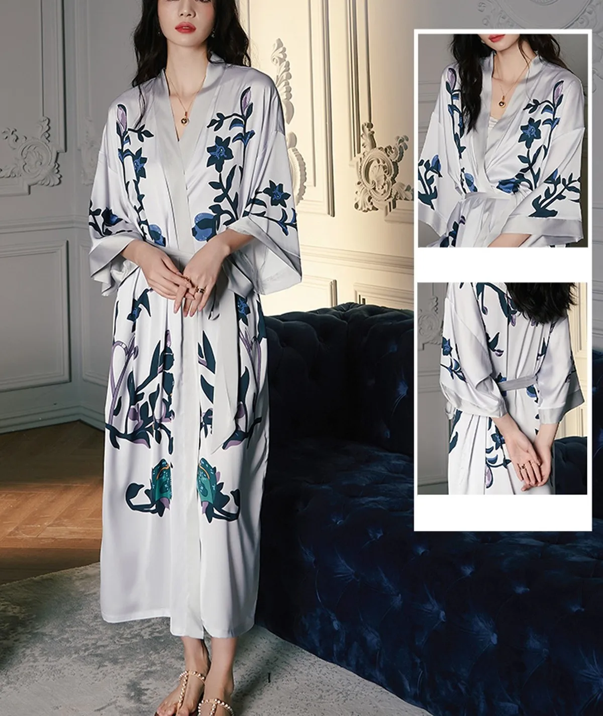 Daiwor Kout Silk Satin Robe for Women Long Japanese Kimono Robe Lightweight Soft Bathrobe Summer Luxury Dressing Gown