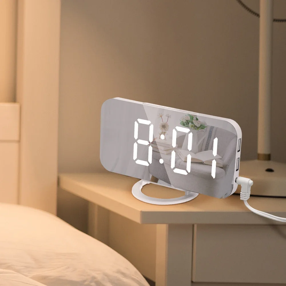 

Digital LED Alarm Clock Mirror 2 USB Charger Ports Night Light LED Table Clock Snooze Function Adjustable Brightness Desk Clocks