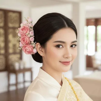 Elegante Fermaglio per Capelli con Fiori Stile Thai, Pettine a Rosa in Plastica e Tessuto, Fermacapelli per Chignon da Festa