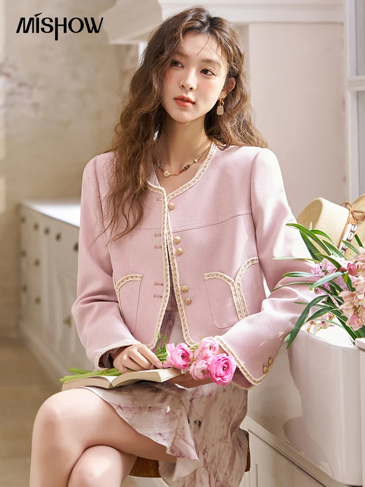 MISHOW Pink Cropped Patchwork Jacket for Women 2024 Spring Fashion Crew Neck Loose Short Coats Female New Outwear MXD14W0313 перчатки terror crew gloves pink