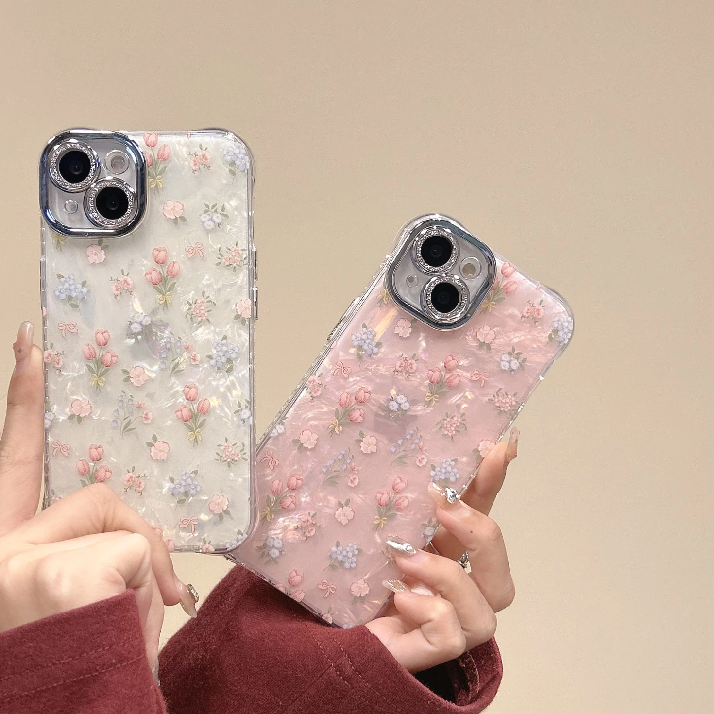 Phone Case Iphone Case Illusory Color Shell Pattern Full Screen Tulip Flowers Rhinestone Lens Cover Case for iPhone 16 15 14 13 12 Pro Max Plus