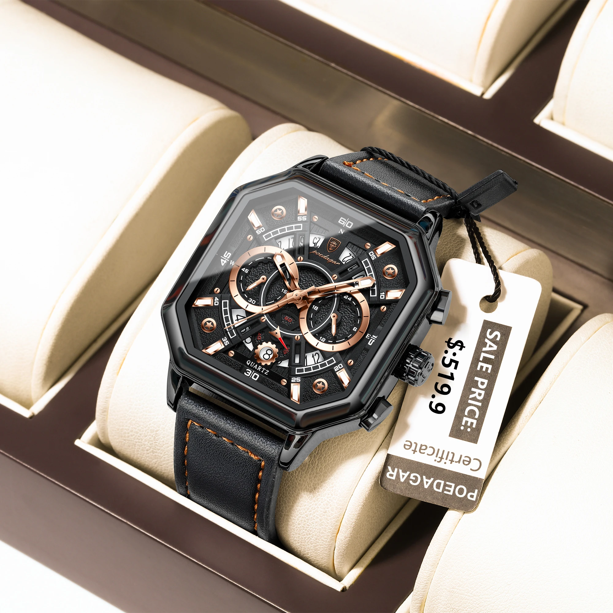 POEDAGAR Luxury Chronograph Square Man Watch Waterproof Luminous