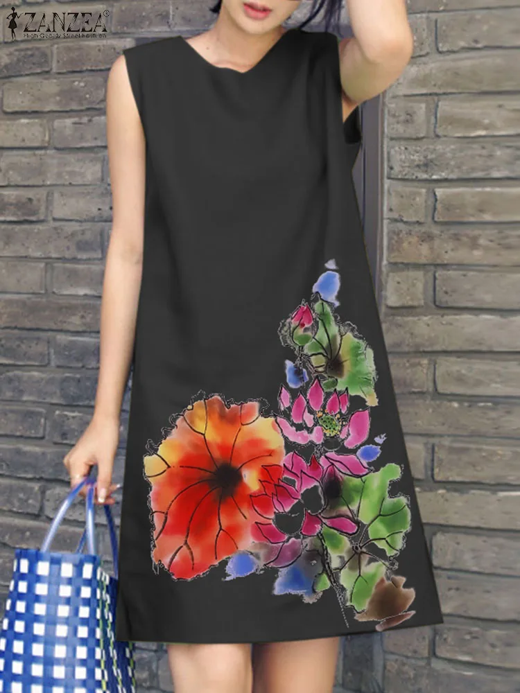 

ZANZEA Women Summer Floral Printed Dress Bohemain Sleeveless Beach Sundress O Neck Robe Casual Holiday Dresses Vestidos Oversize