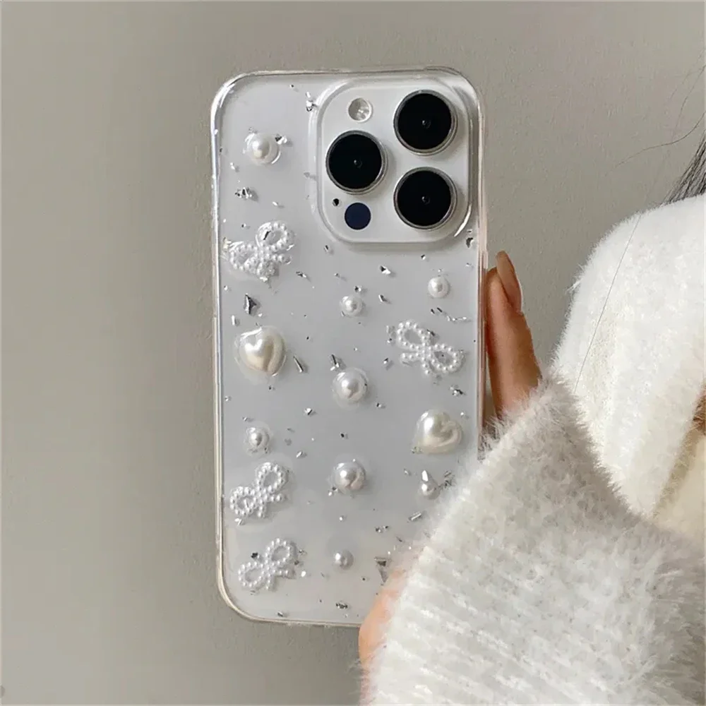 Elegant 3D Pearl Bowknot Silver Foil Clear Soft Phone Case