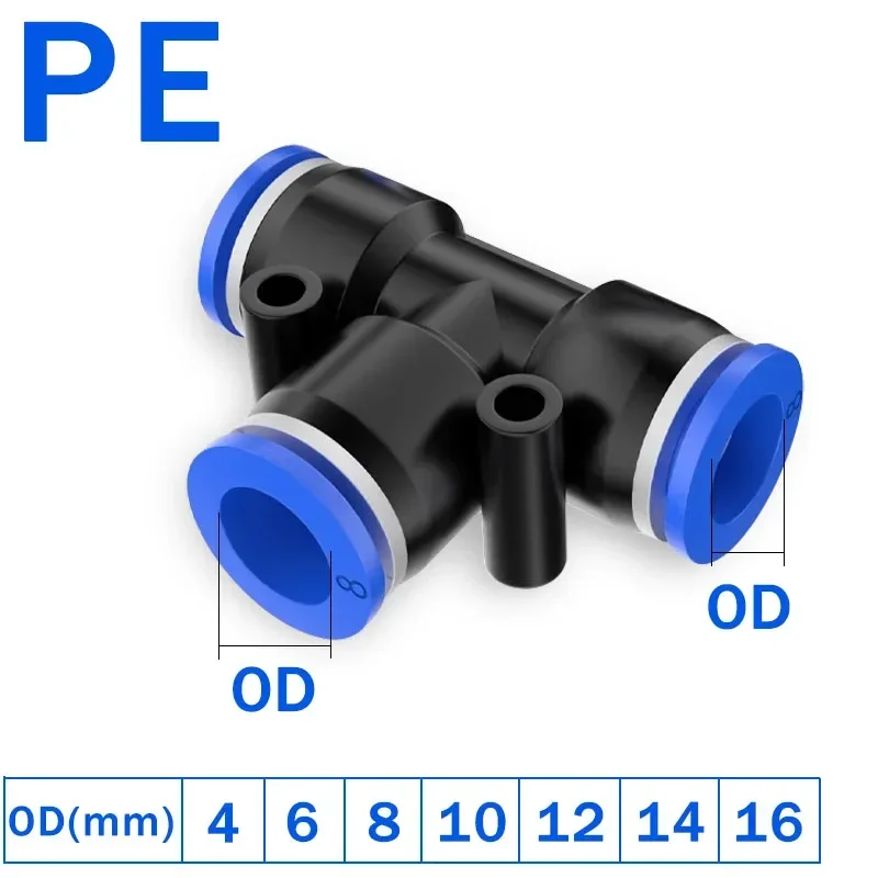 

20/100pcs PE Air Connectors Pneumatic Fitting Quick Connect 4mm 6mm 8mm 10 12MM Tee 3Way Plastic Pipe Water Hose Tube Connector
