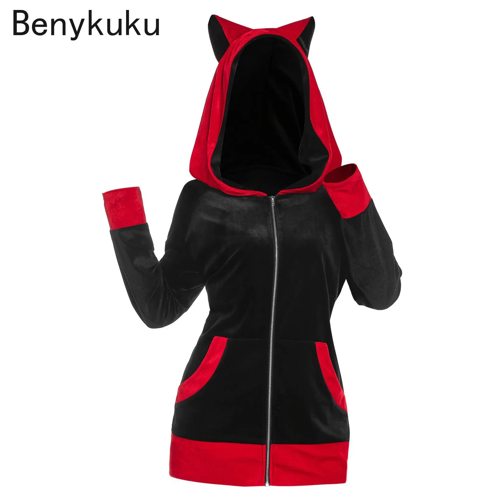 

Fashion Women Cat Ears Hooded Sweatshirt Coat Autumn Winter Casual Patchwork Long Sleeve Pocket Zipper Plush Sweatshirts Outwear