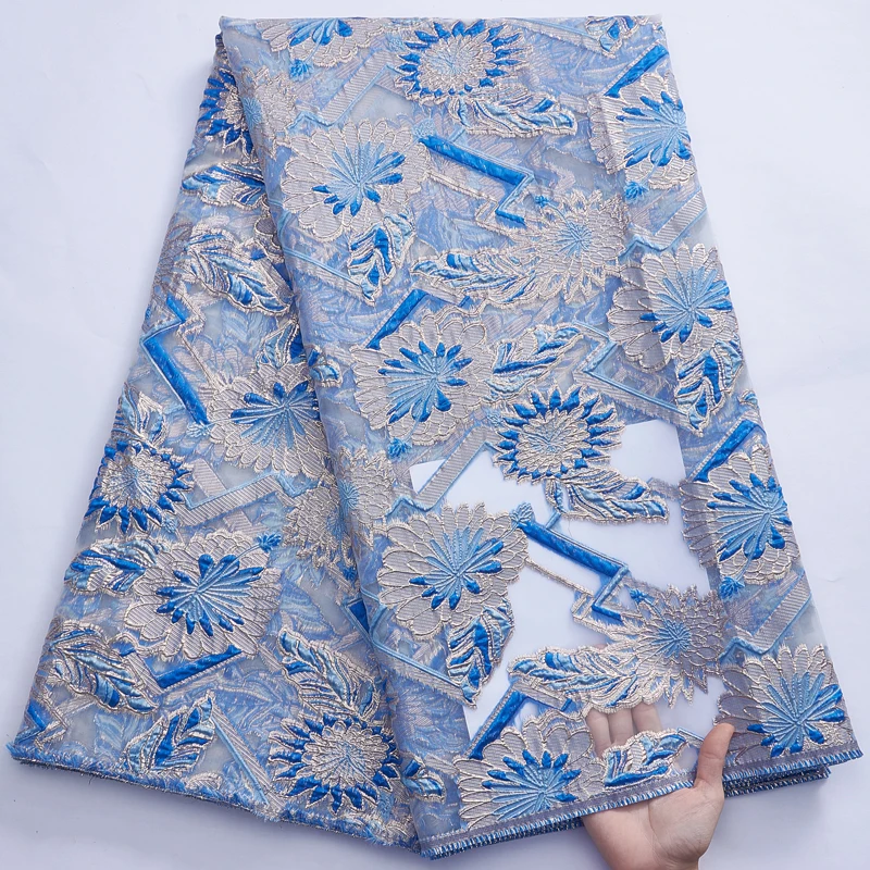

Latest African Tulle Lace Fabric 2022 5 Yards Blue Brocade Jacquard Fabric Nigerian Gilding Lace For Wedding Party Dress 3045A
