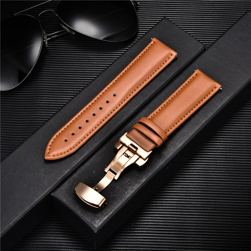 Premium Leather Watch Band with Stainless Steel Butterfly Clasp - Black & Brown Wristband Belt