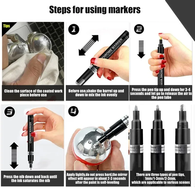 1pc 크롬 미러 마커 펜 2mm DIY 반사 페인트 펜 영구 골드 실버 마커 터치 업, 모델 페인팅, 마킹
