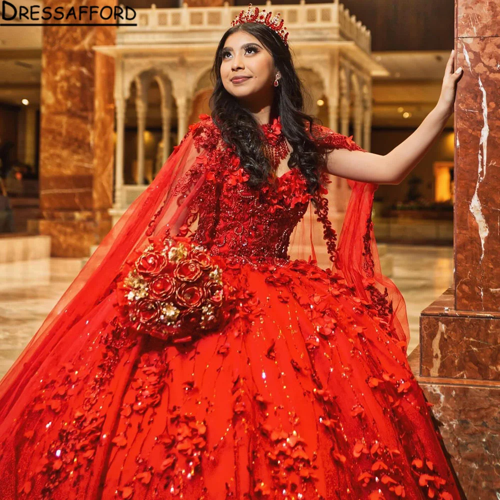 

Red Sparkly Quinceanera Dresses with Wraps Luxury Embroidery Sequins vestido xv años Prom Sweet 15 Gown Lace Up