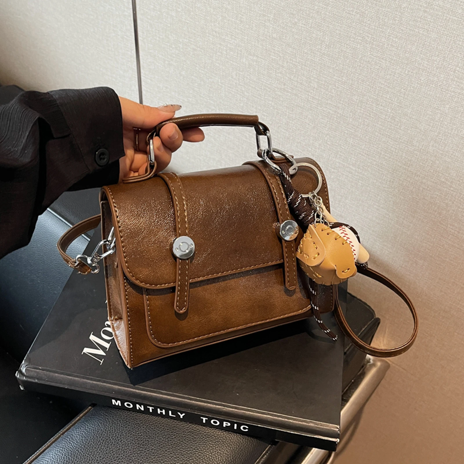 PU Leather Crossbody Bag with Pendant Backpack Fashion Square Bag for Women Work Shopping Travel