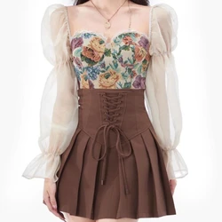 Summer New Dress Set Women Design Sense Oil Painting Flower Sweet Lace Puff Sleeve Square Collar + Drawstring Pleated Skirt