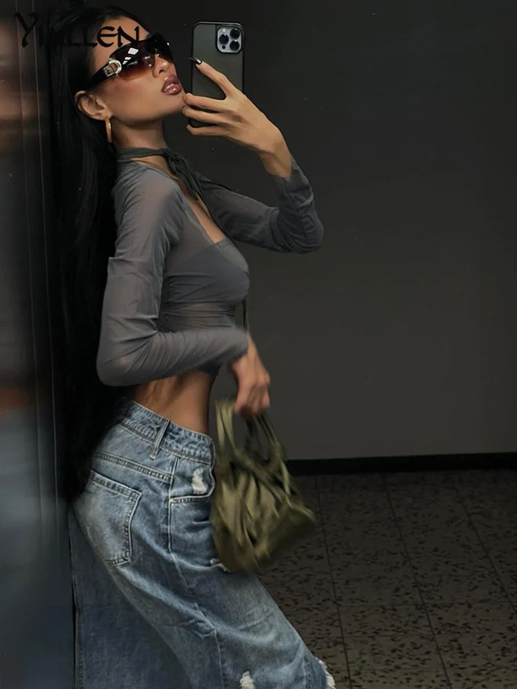 Nibber Summer New Fashion Top Women's Sexy Perspective Mesh Gauze Long Sleeve Square Neck T-shirt Street Casual Clothing Hot