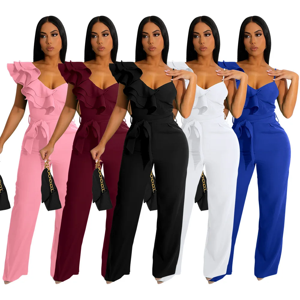 

Women Jumpsuits Ruffles Sleeveless V Neck One Shoulder Overalls Belt Rompers Wide Leg Pants Solid Color Sexy Slight Strech