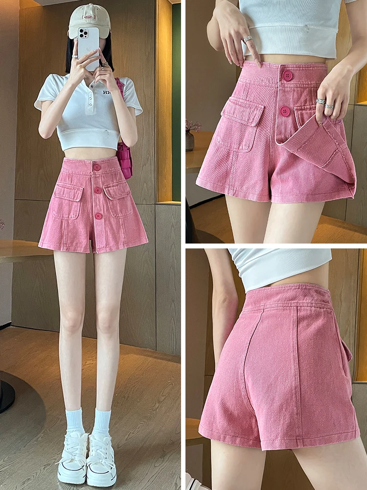 

Pink workwear denim shorts for women in the summer of 2024 dopamine girls wearing short, high waisted A-line hot pants Y2K