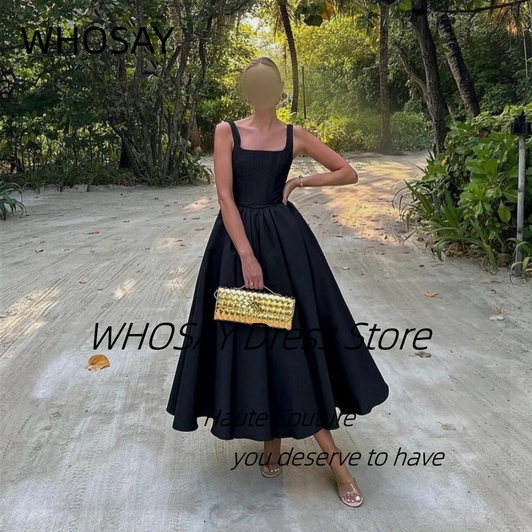 

Черные атласные трапециевидные платья WHOSAY с рюшами для вечеринки, без бретелек, платье для выпускного вечера, коктейльное платье длиной до щиколотки для выпускного вечера