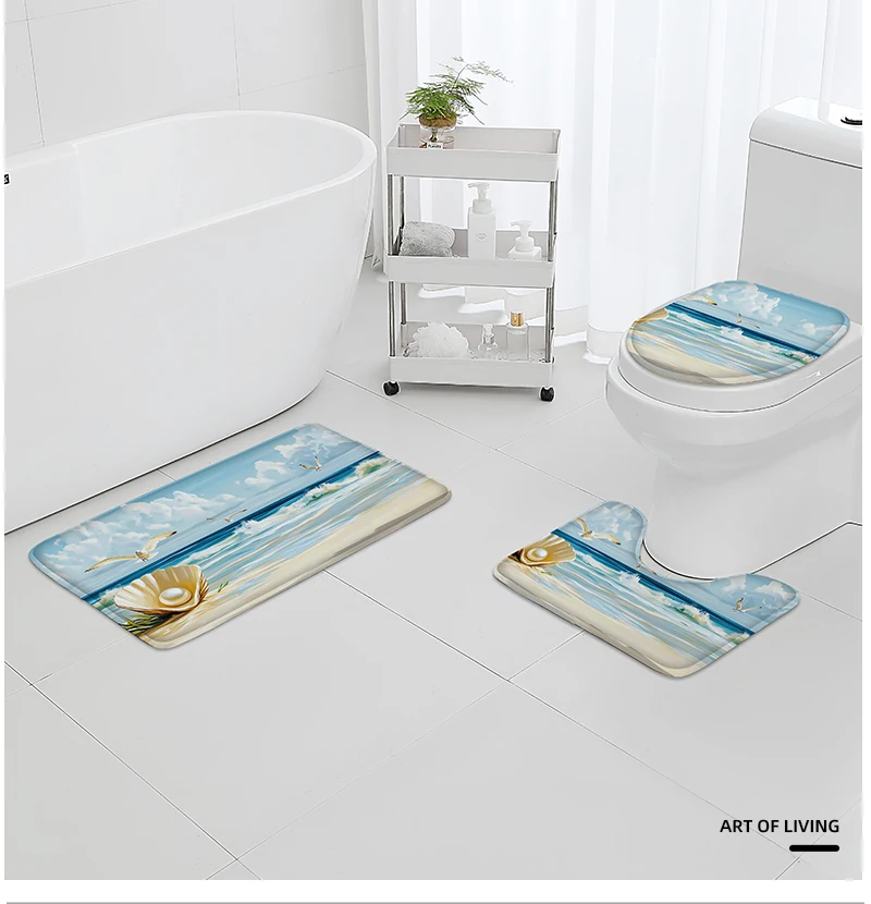 Description Picture 6 of itemWashable 3-Piece Bathroom Rug Set Non-Slip Ocean Theme Toilet Mat Bathtub Foot Pad Door Mat Flannel Decor with Shell Print
