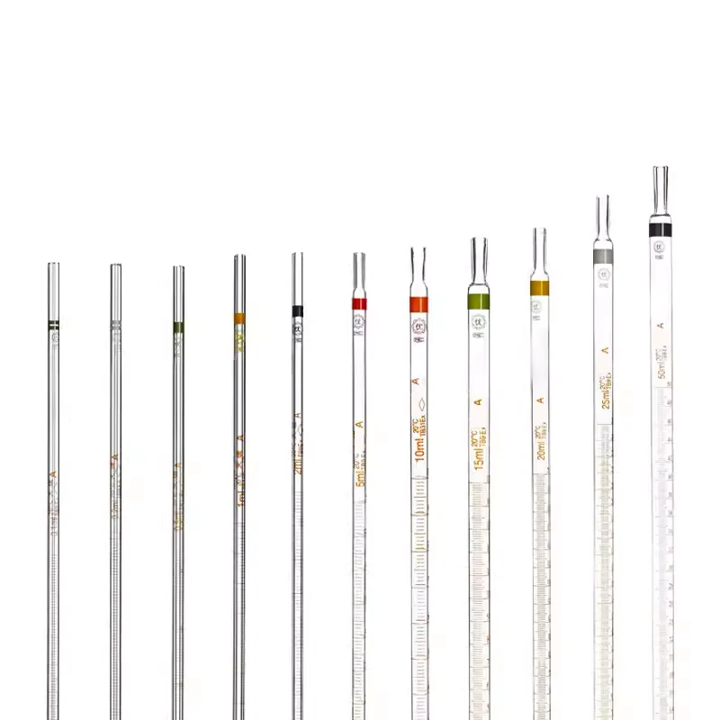 스포이드 링 눈금 피펫 유리 피펫, A 등급 실험실 장비, 0.1 ml, 0.2 ml, 0.5 ml, 1 ml, 2 ml, 5 ml, 10 ml, 15 ml, 20 ml, 25 ml, 50ml
