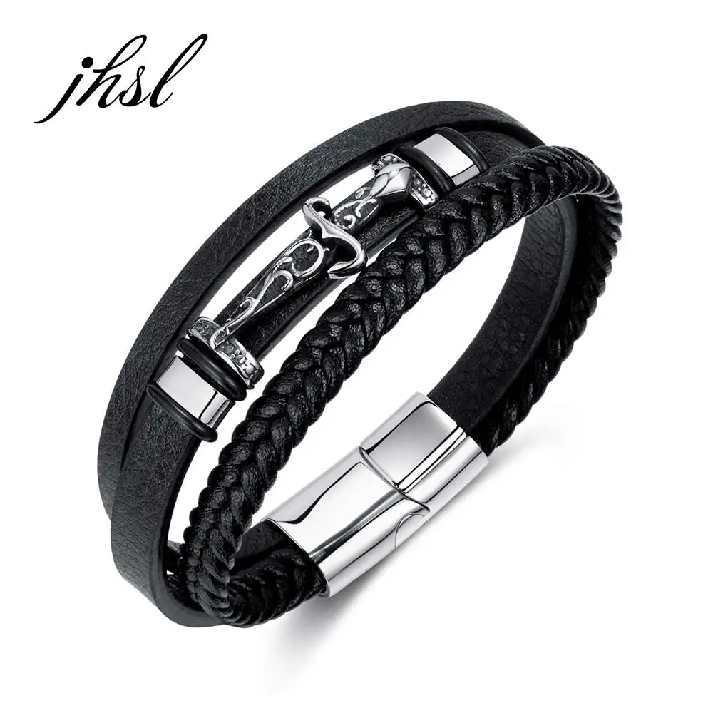 

JHSL Trendy Black Leather Men Statement Wrap Bracelets Bangles Hand Wristlet Stainless Steel Magnet Buckle New Arrival 2023