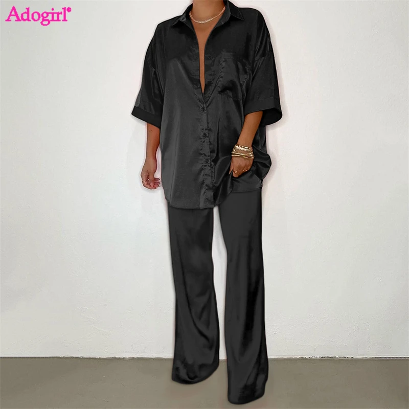 

Женский однотонный атласный комплект Adogirl из 2 предметов, свободный домашний костюм, шелковая Глянцевая однобортная рубашка с коротким рукавом, топ с широкими штанинами