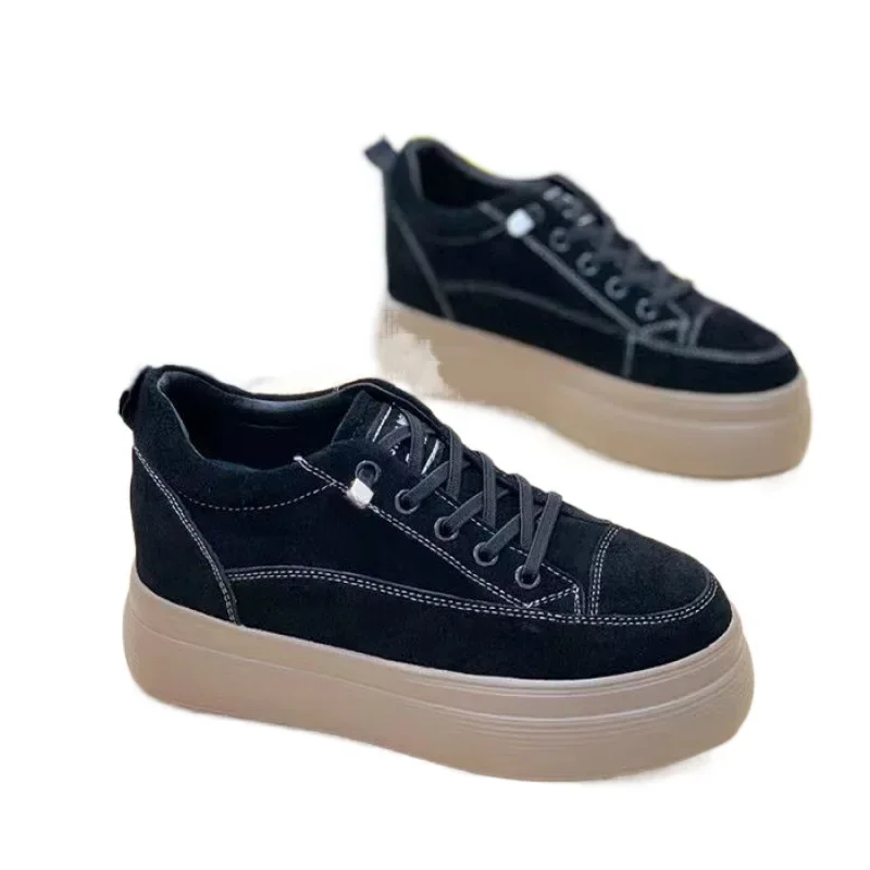 Women's Thick Bottom High Top Shoes Autumn Winter Casual Black Padded Flat Shoes Comfortable Sports Sneakers PU Leather