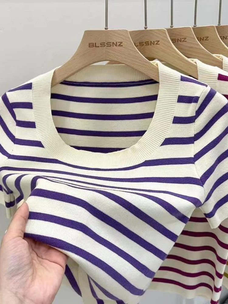 امرأة الملابس مخطط تي شيرتات قصيرة الاكمام سليم صالح القمم أنثى س الرقبة محبوك غمد تي شيرت الشارع ارتداء الجنس رياضي Y2K جديد 2