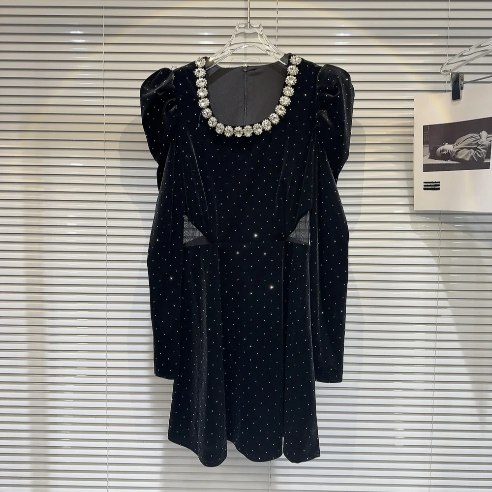 

Getspring Women Dress Puff Sleeve Diamonds Mesh Patchwork Vintage Velour Dresses Long Sleeves Hollow Out Sexy Dresses 2024 New