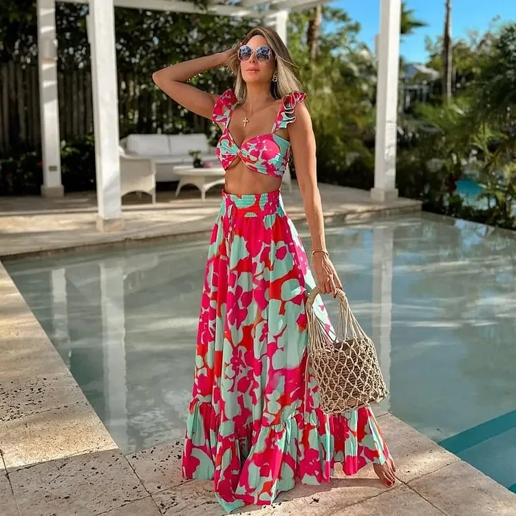 Women  bikini set two pieces Floral Print   Beachwear Bathing Suit Swimwear Swimsuit and Skirt