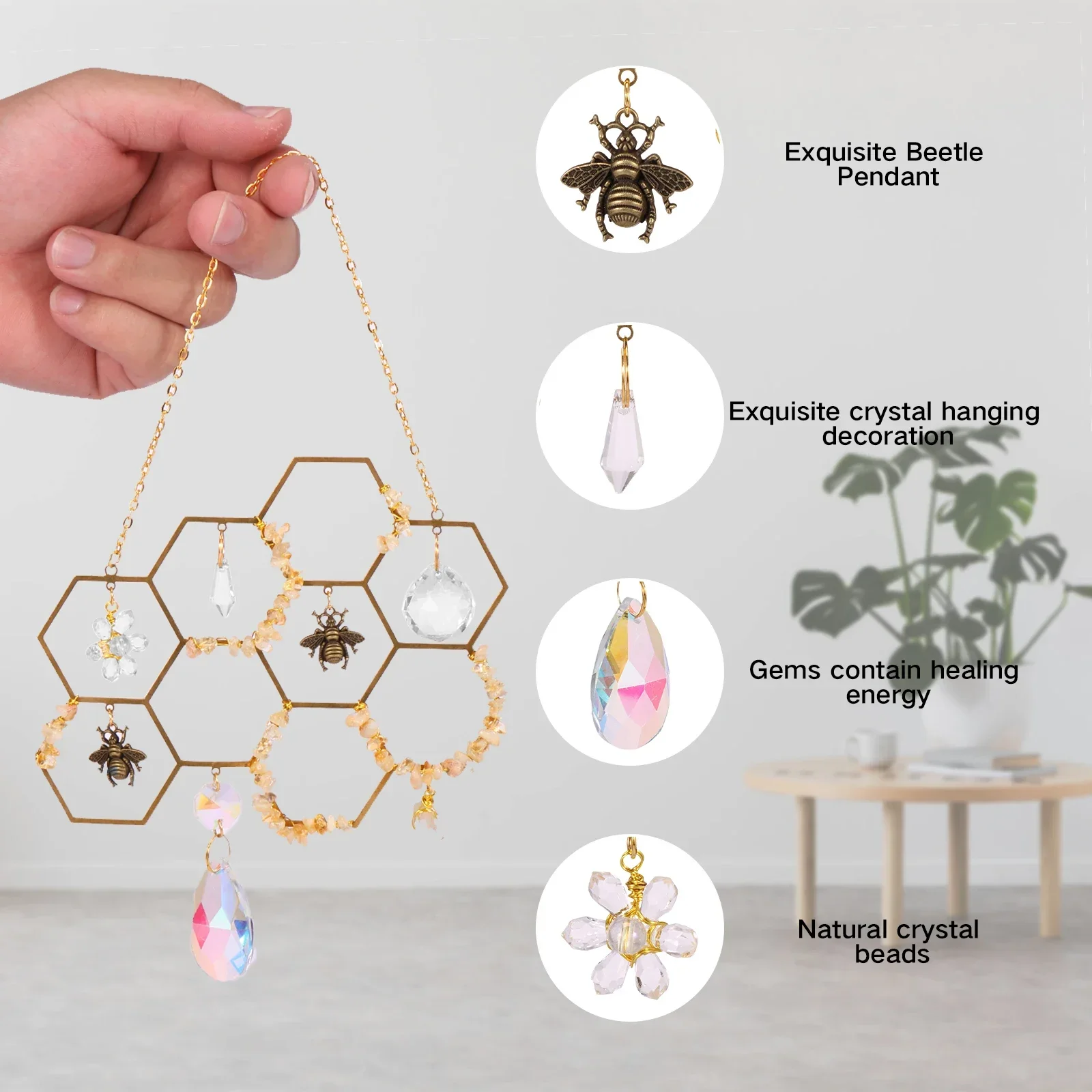 Window Crystal Suncatcher Hanging Bee Decor Honeycomb Sun Catcher Colorful Crystal Decor for Home Yard Party Wedding Christmas