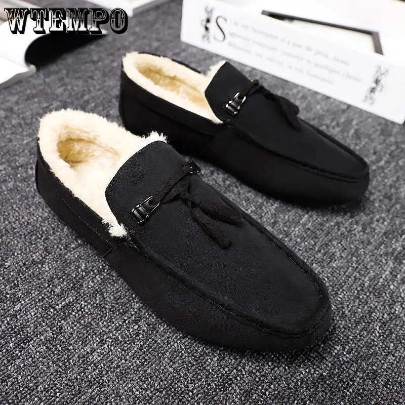 

WTEMPO Men Warm Boat Shoes Winter Fleece Fur Shoes Boy Lace Up Solid Color Shoes Flat Shoes Plush Lined Snow Shoes