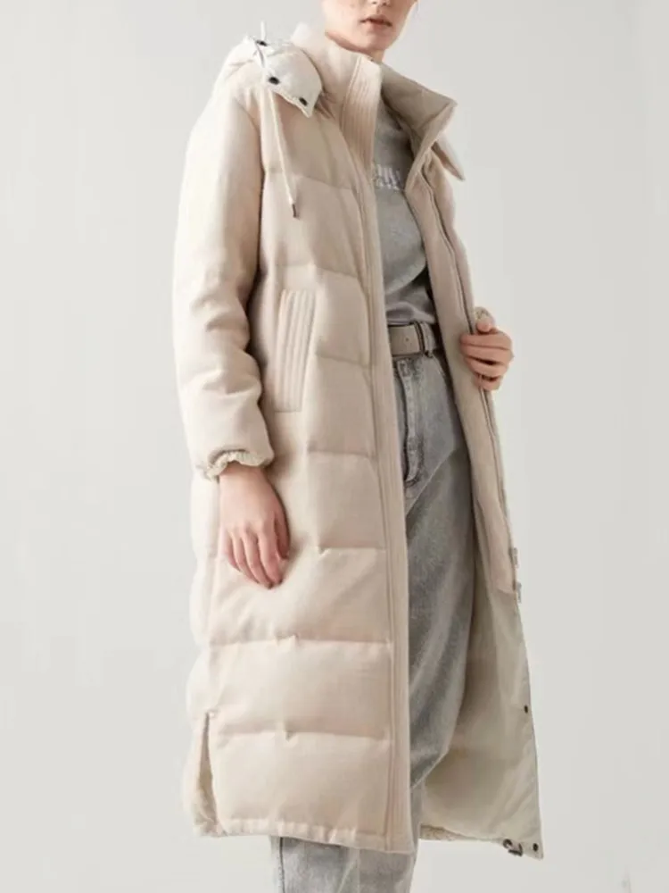 

Winter 2023 New Women Solid Color Down Jackets Long Sleeve Pleated Stand Collar Warm Hem Split Pockets Ladies Hoodies Coat