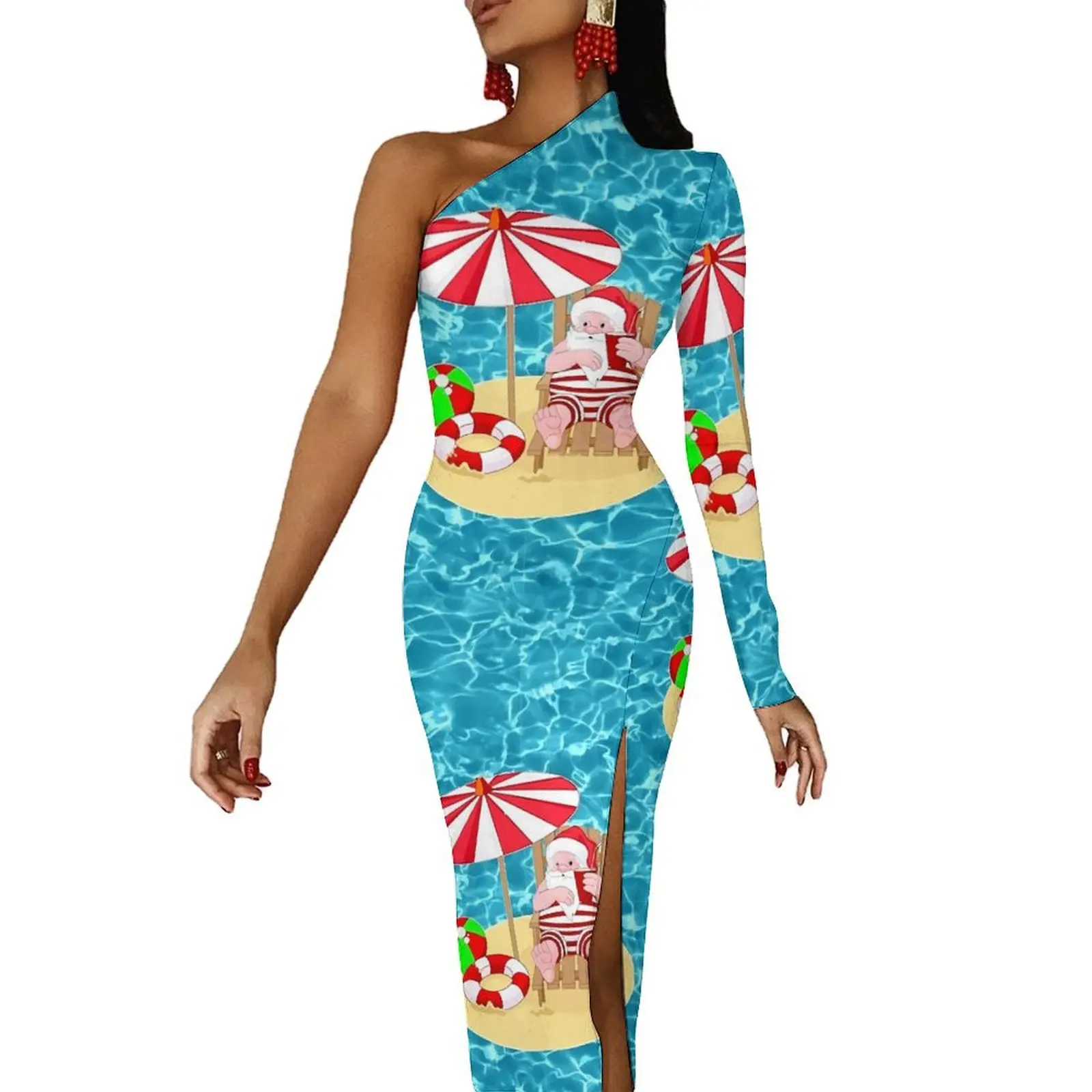 

Christmas Bodycon Dress Spring Xmas Beach Santa Claus Elegant Side Split Long Dresses Long Sleeve Design Party Dress