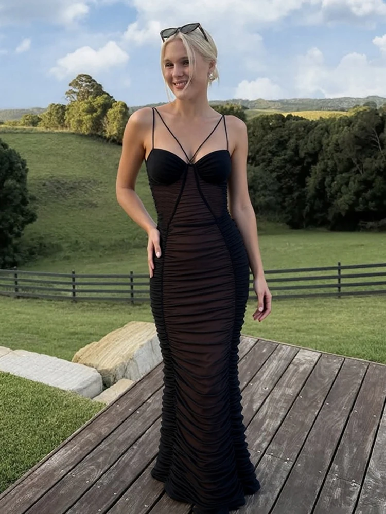 Nibber Folds Maxi Dress Women Low-Neck Peach Butt Sleeveless Patchwork Mesh Elasticity Sexy Slim Midnight Prom Party Vestidos